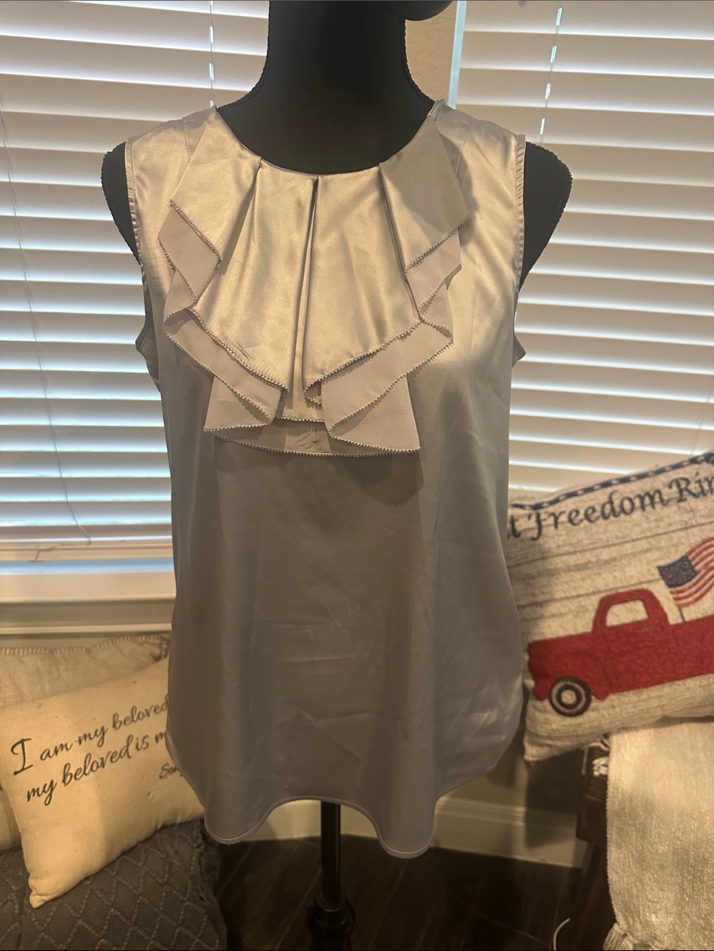 Banana Republic Silver Satin Ruffle Front Sleeveless Blouse